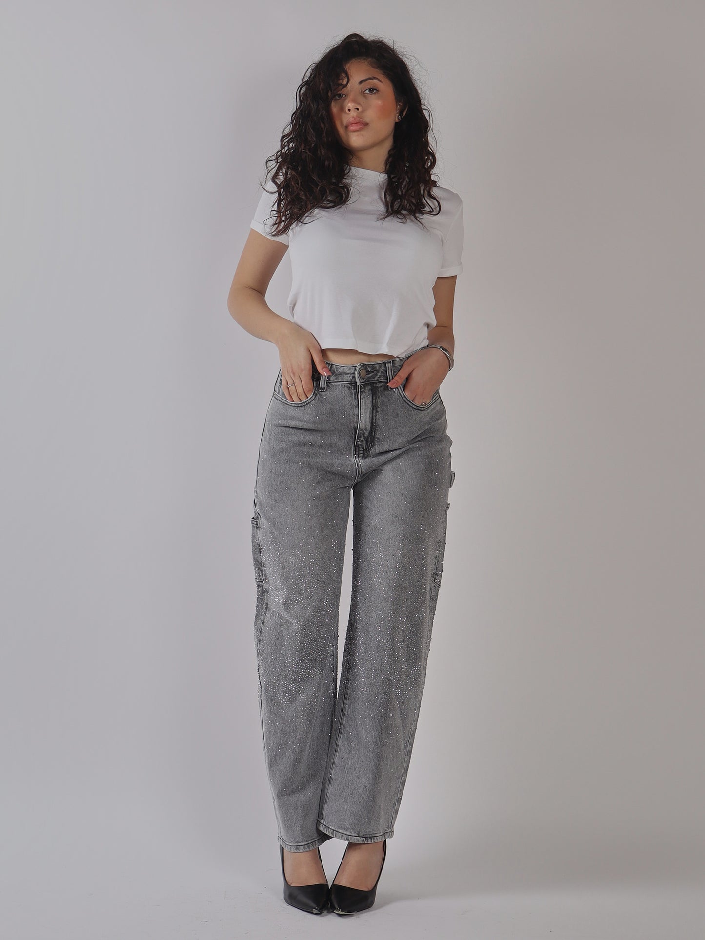 JEANS MOM FIT CON MICRO STRASS